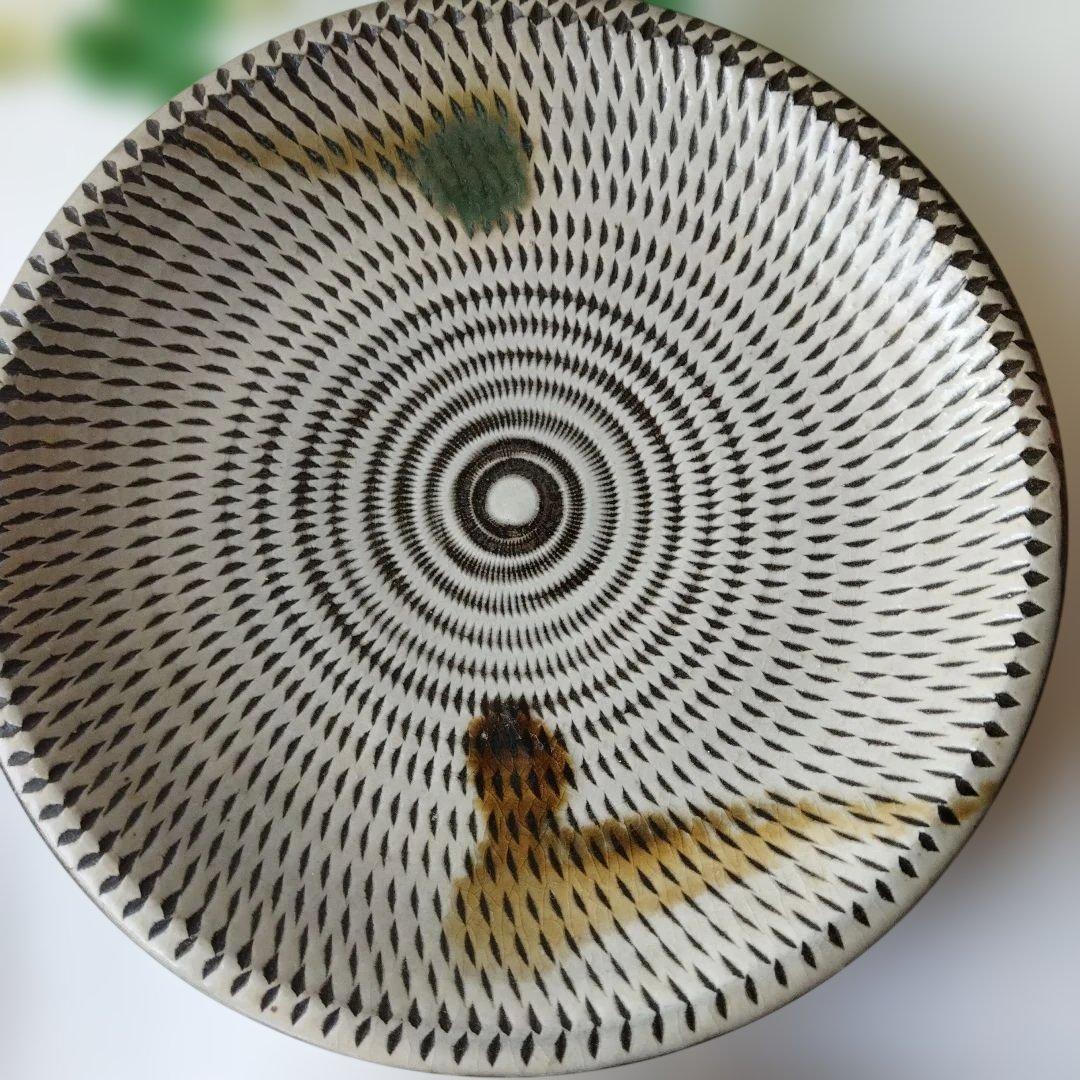 中皿　19cm　4枚　飛び鉋　打ち掛　緑釉飴釉　小石原焼　太田哲三　とびかんな