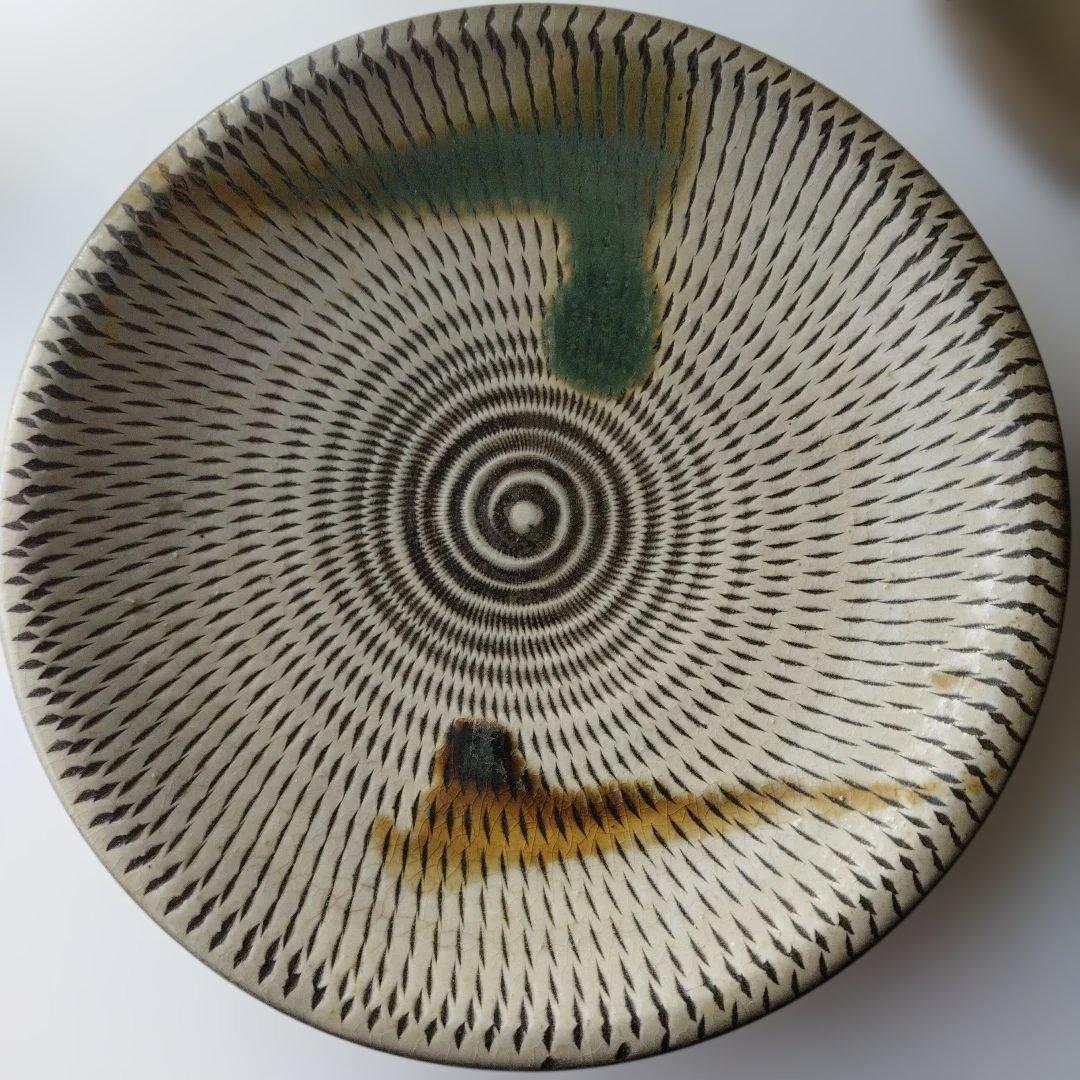 中皿　19cm　4枚　飛び鉋　打ち掛　緑釉飴釉　小石原焼　太田哲三　とびかんな