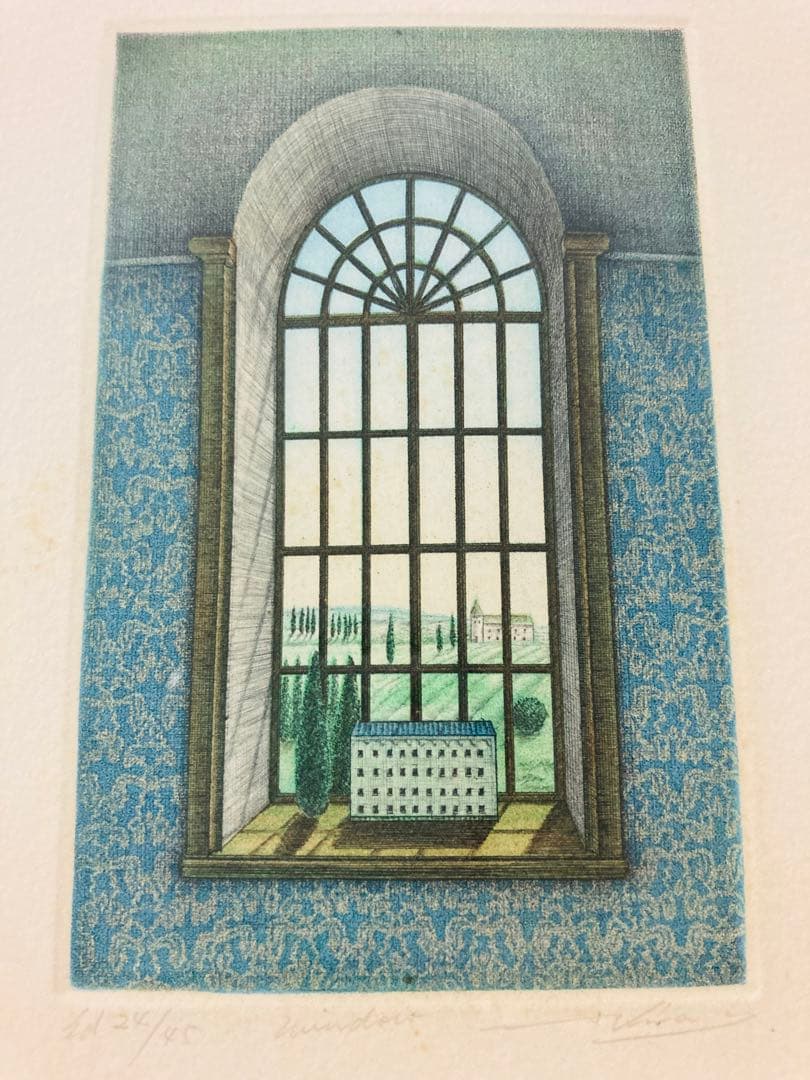 レトロリトグラフ？版画？ 『window』 版画+手彩色?　 直筆サイン　45部