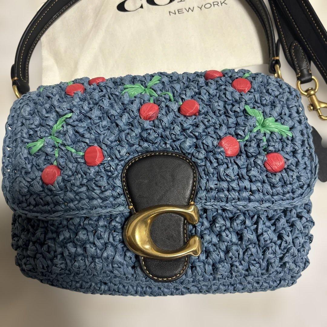 COACH チェリー柄ストロー素材ハンドバッグ