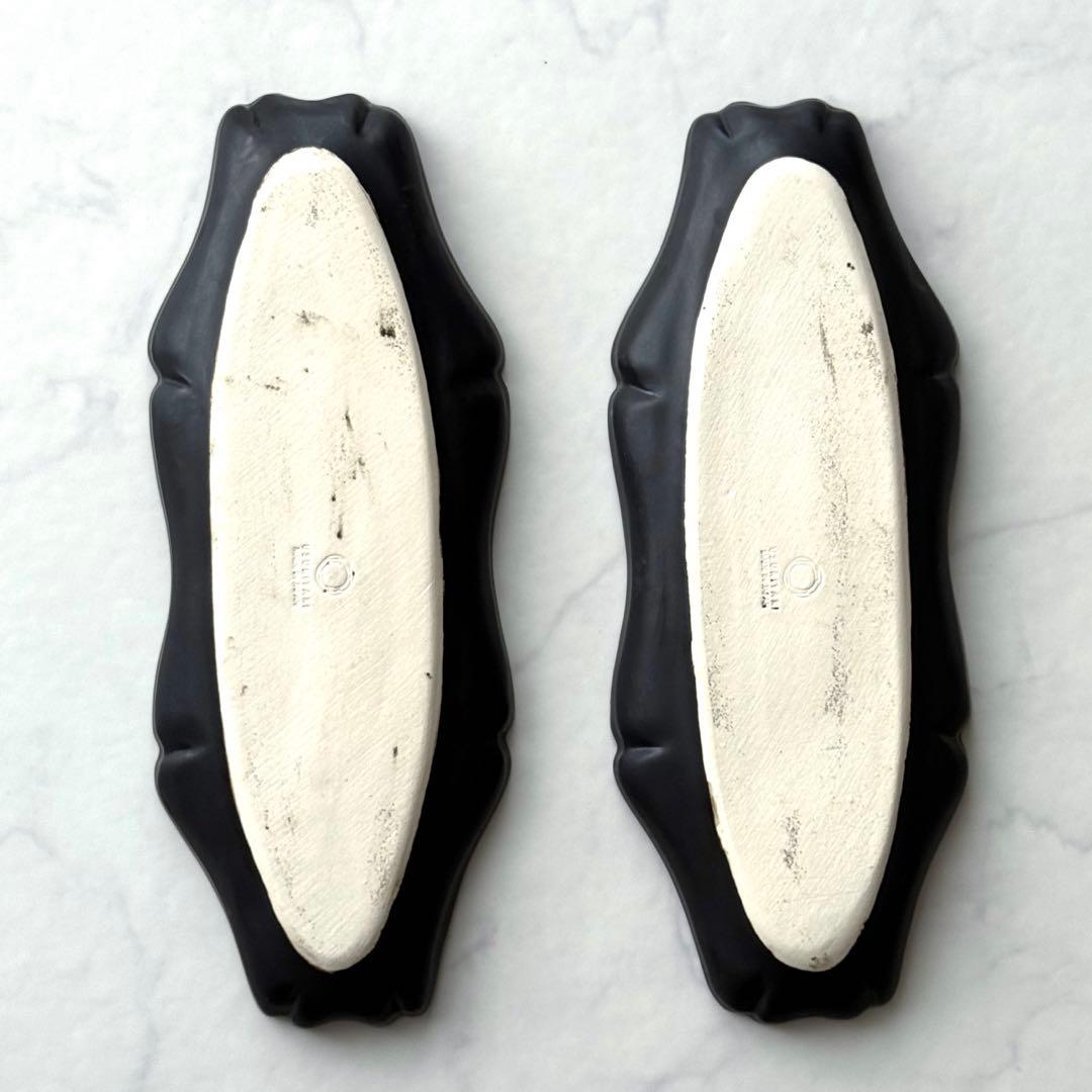 臼杵焼 輪花オーバル長皿 黒 2枚組 約29cmx12cm USUKIYAKI