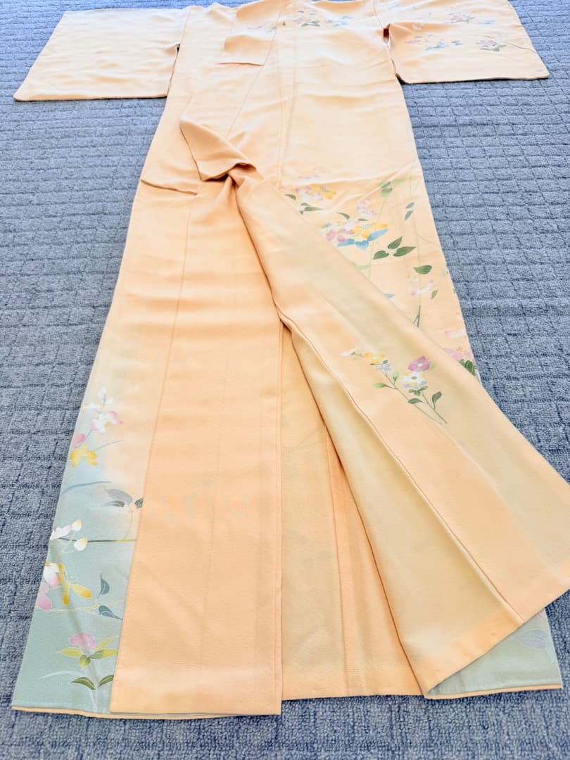 高級 訪問着 正絹 袷 加賀友禅 落款入り 薄オレンジ色 染め分け 約80万円