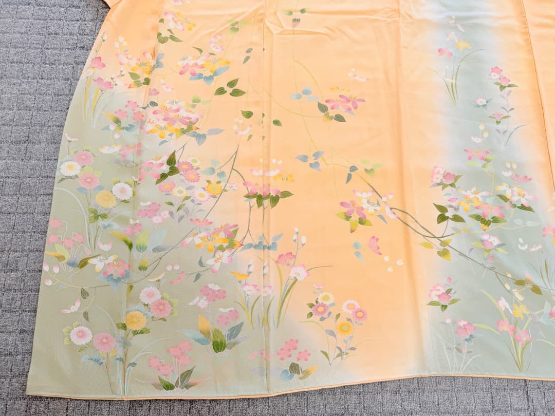 高級 訪問着 正絹 袷 加賀友禅 落款入り 薄オレンジ色 染め分け 約80万円