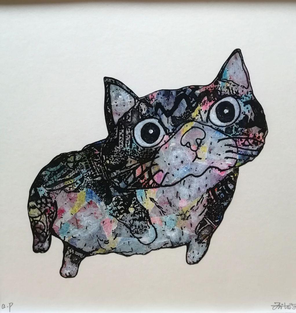 額付き銅版画応用絵画「プカプカ猫」