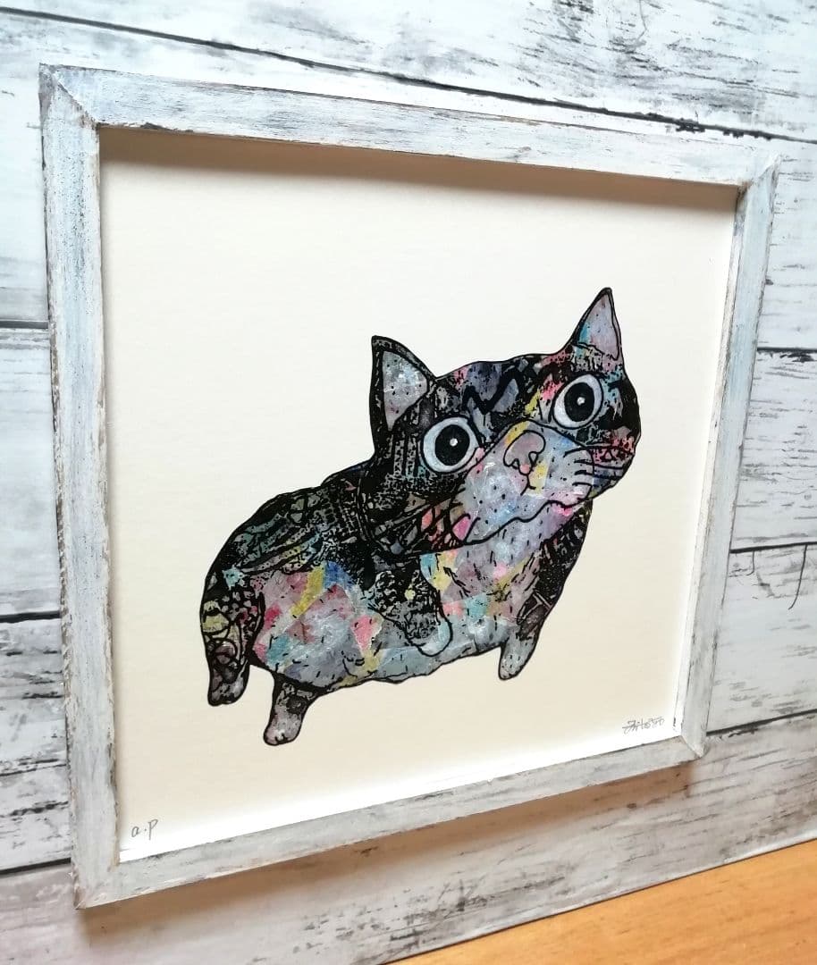 額付き銅版画応用絵画「プカプカ猫」