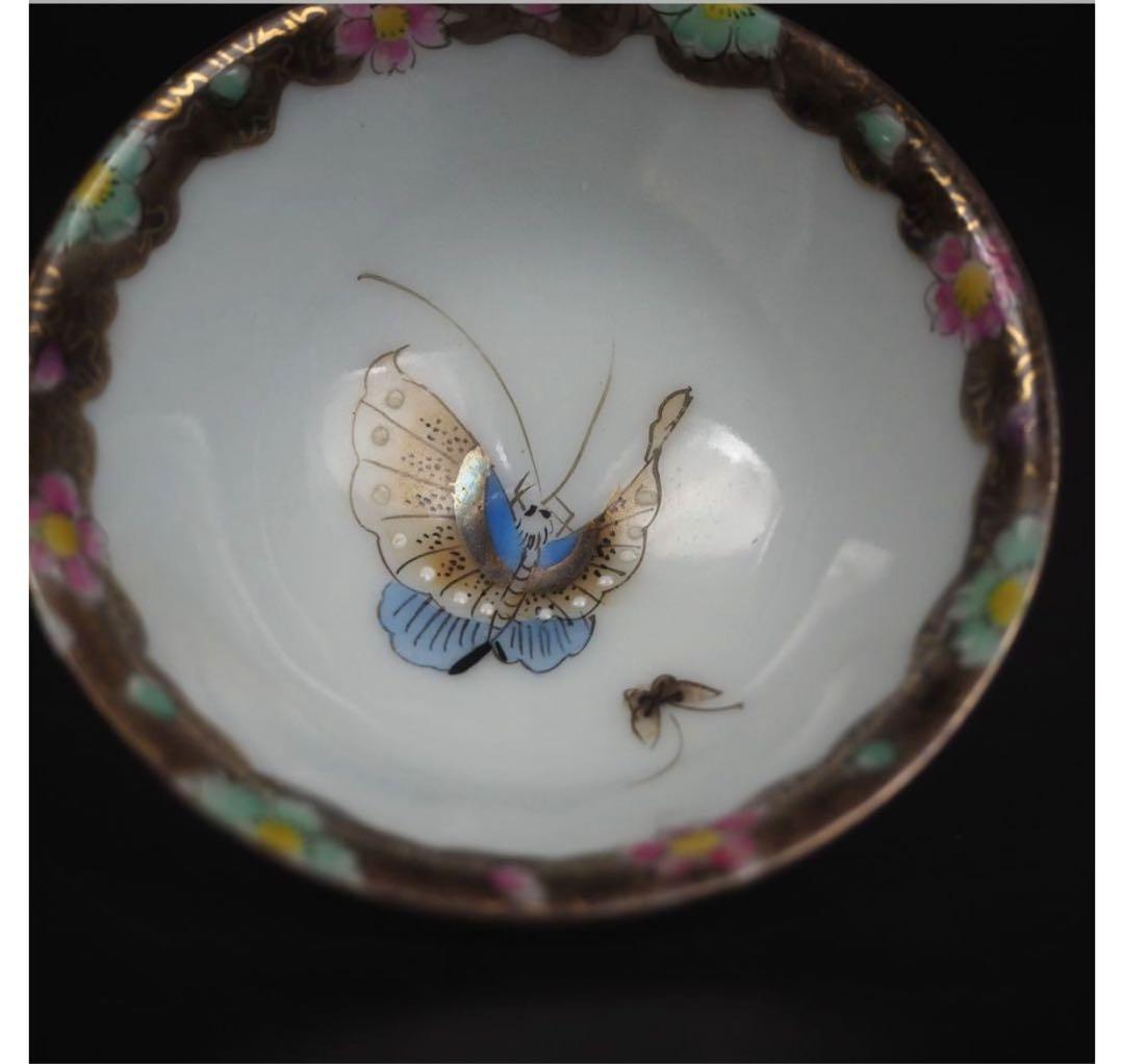 送料無料　京焼 大日本永楽製　蝶々紋色絵煎茶碗５客　茶道具 煎茶道具