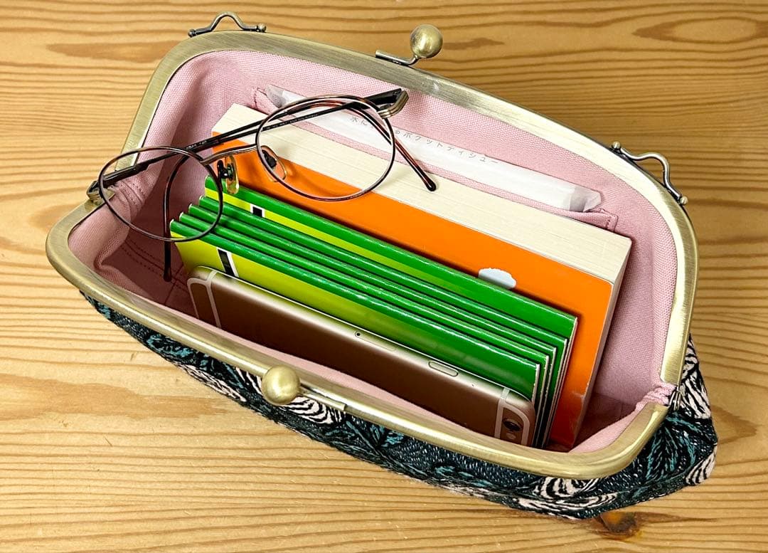 ハンドメイド がま口バッグ ポーチ rosy ブルーグリーン ミナペルホネン