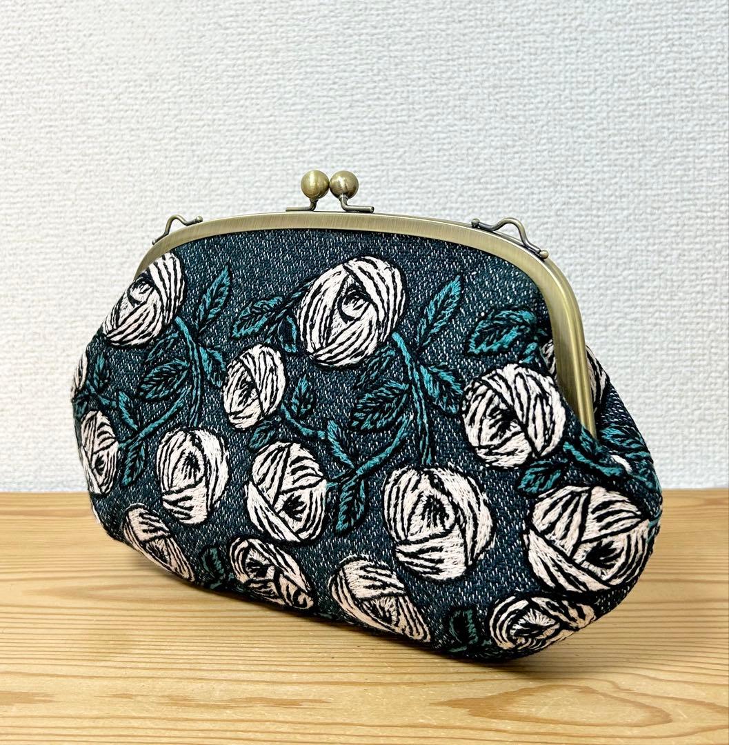 ハンドメイド がま口バッグ ポーチ rosy ブルーグリーン ミナペルホネン
