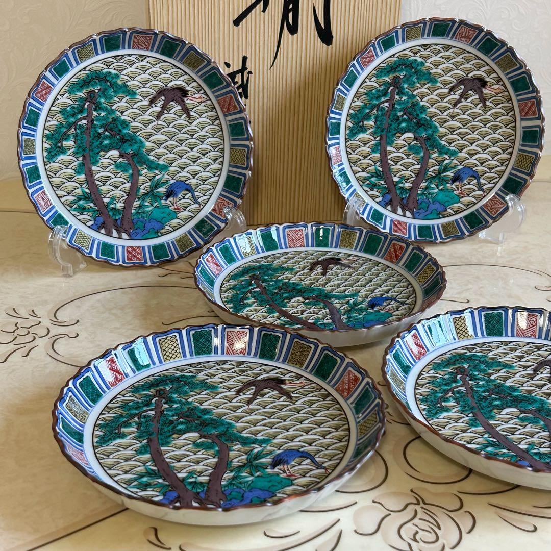 九谷焼　武生造　銘々皿揃　５枚セット　取り皿　中皿　色絵　古九谷　青海波　花鳥
