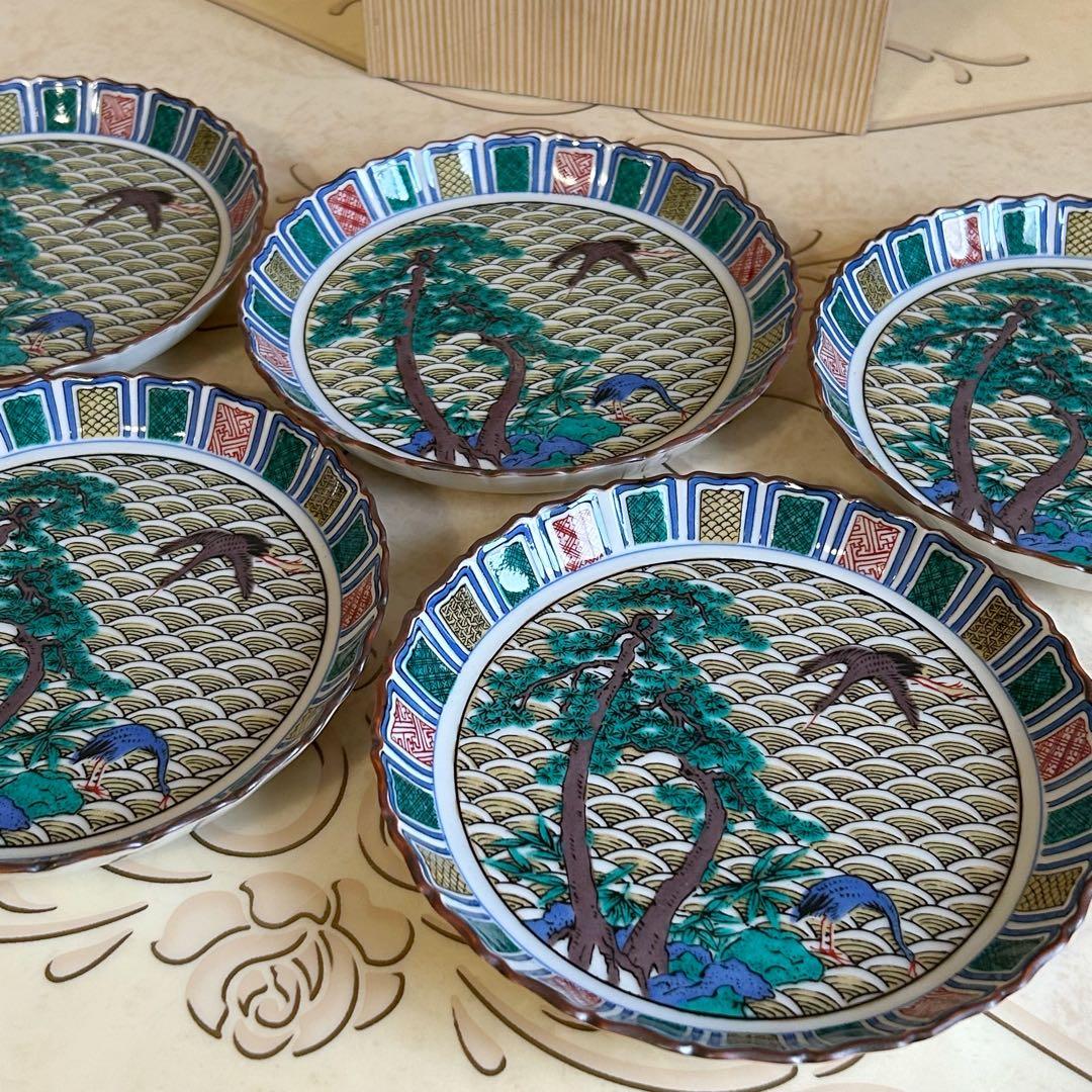 九谷焼　武生造　銘々皿揃　５枚セット　取り皿　中皿　色絵　古九谷　青海波　花鳥