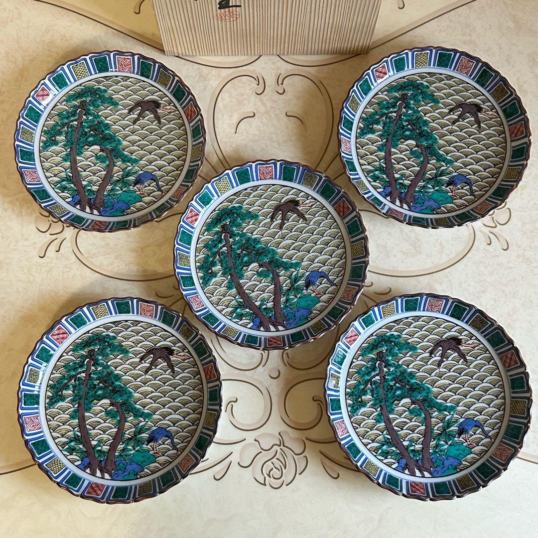 九谷焼　武生造　銘々皿揃　５枚セット　取り皿　中皿　色絵　古九谷　青海波　花鳥