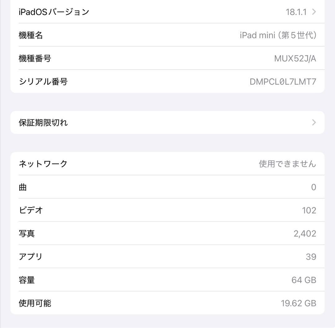 【美品】iPad mini 第5世代 cellular 64GB ケーブル付き
