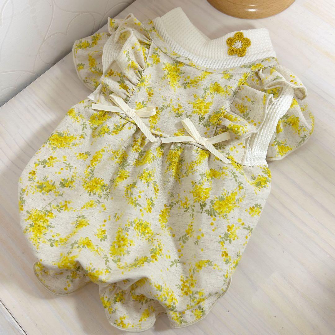 ハンドメイド♡犬服 ナチュラルなミモザのバルーンワンピース