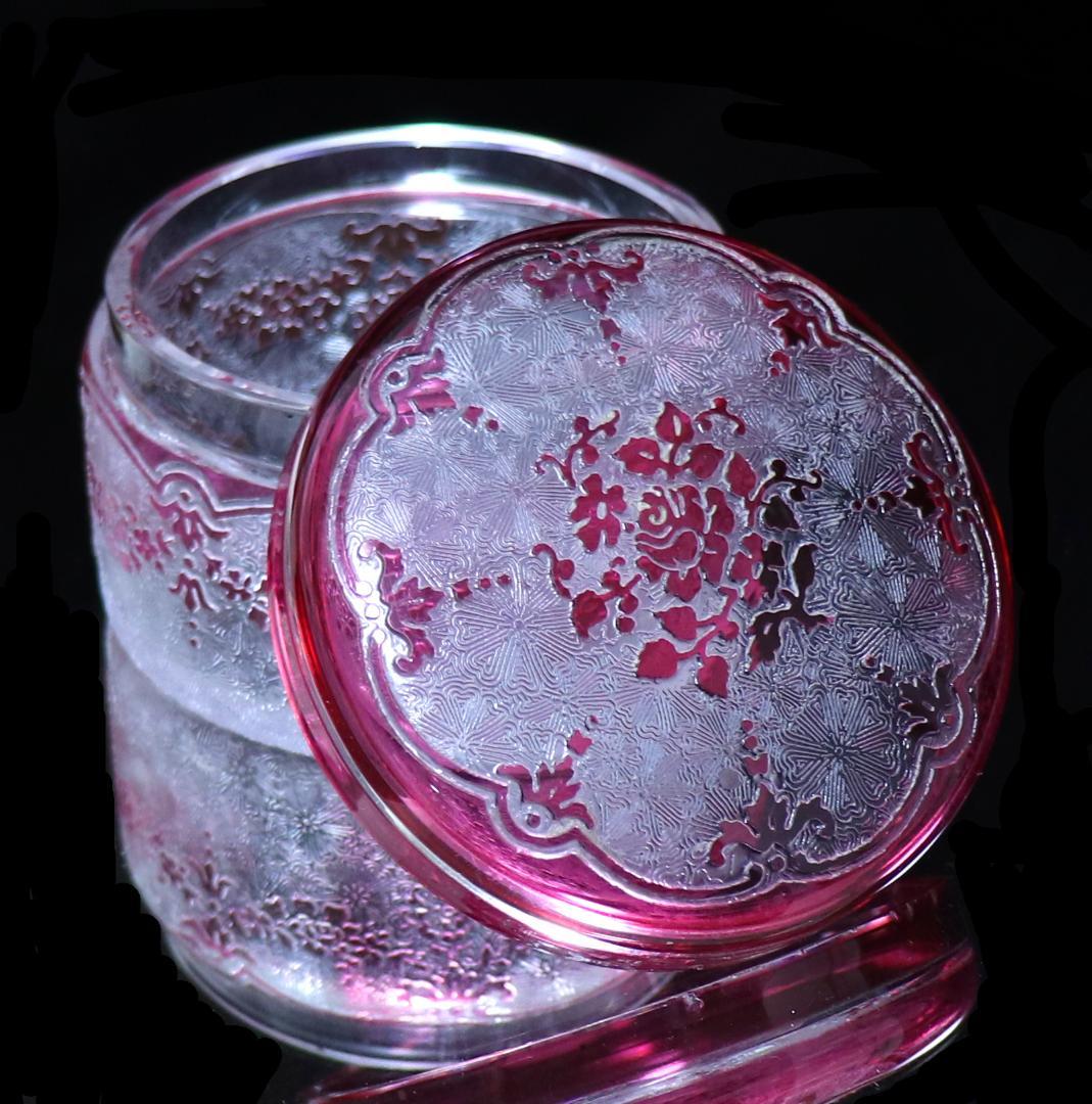 オールド・ヴァルサンランベール 桃色被せガラス薔薇蓋物 ボンボニエール 小物入れ