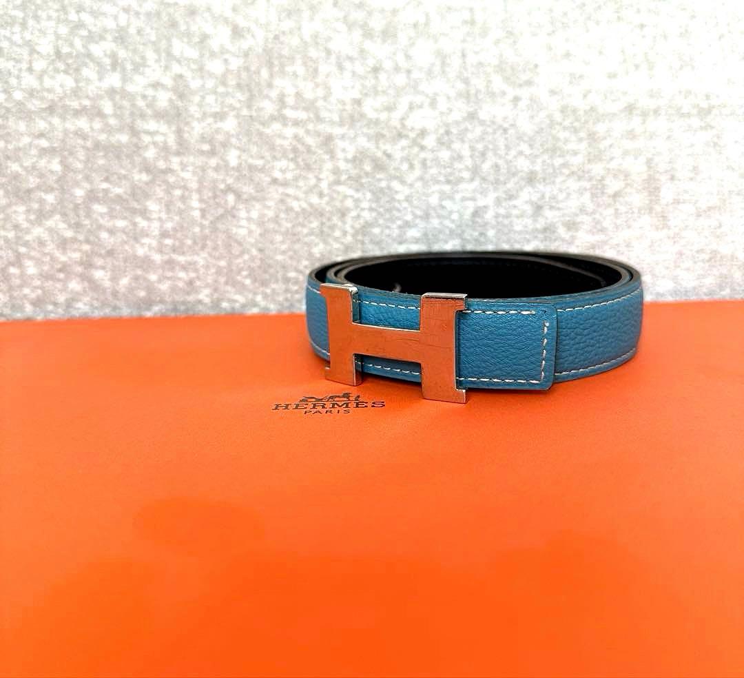 HERMES ブラック ブルー ブラック リバーシブルベルト H字型バックル