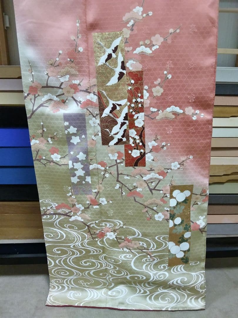 専用 最終値下げ F-274 訪問着 金彩 暈し 袷 鶴 松 梅 緞子 美品