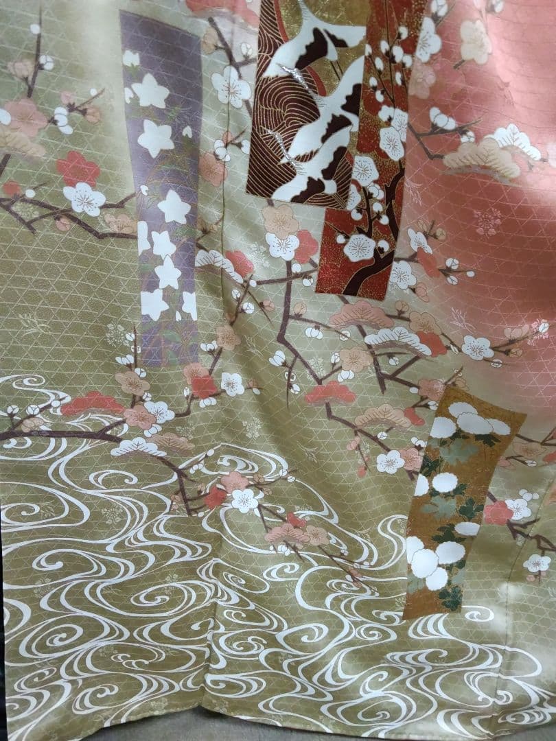 専用 最終値下げ F-274 訪問着 金彩 暈し 袷 鶴 松 梅 緞子 美品