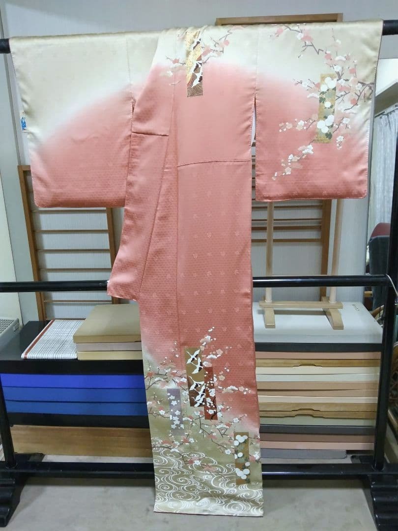 専用 最終値下げ F-274 訪問着 金彩 暈し 袷 鶴 松 梅 緞子 美品