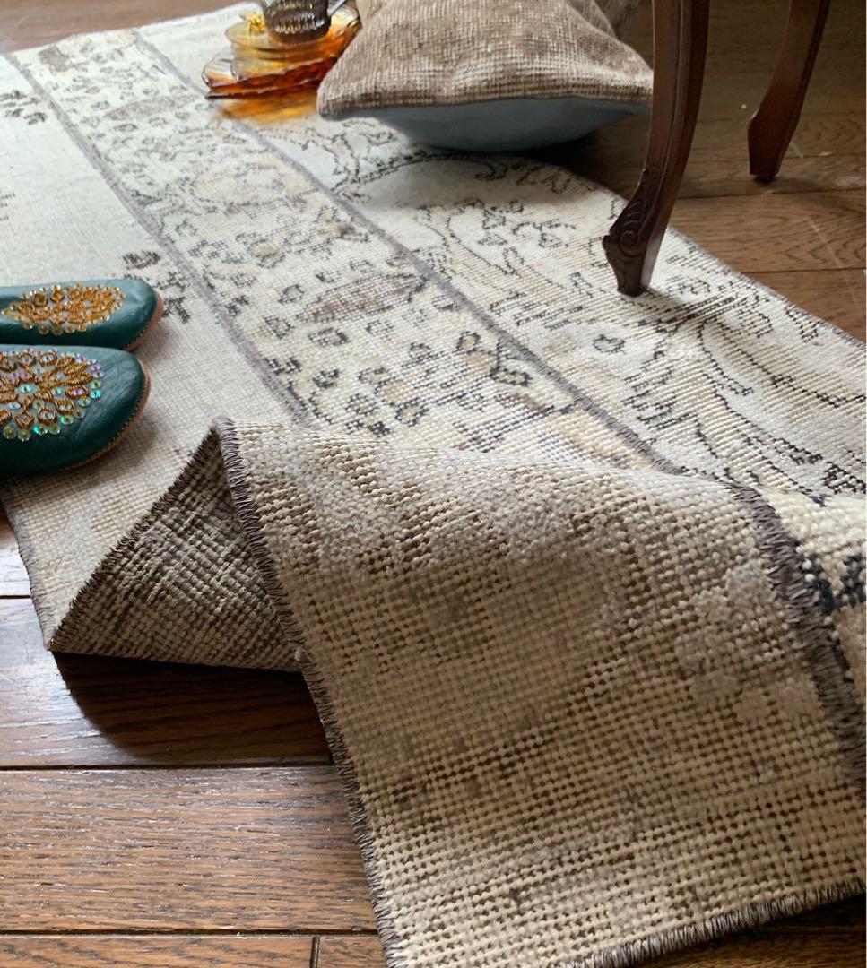 トルコヴィンテージラグ　ランナー　147×51アイボリー　グレージュ　トルコラグ