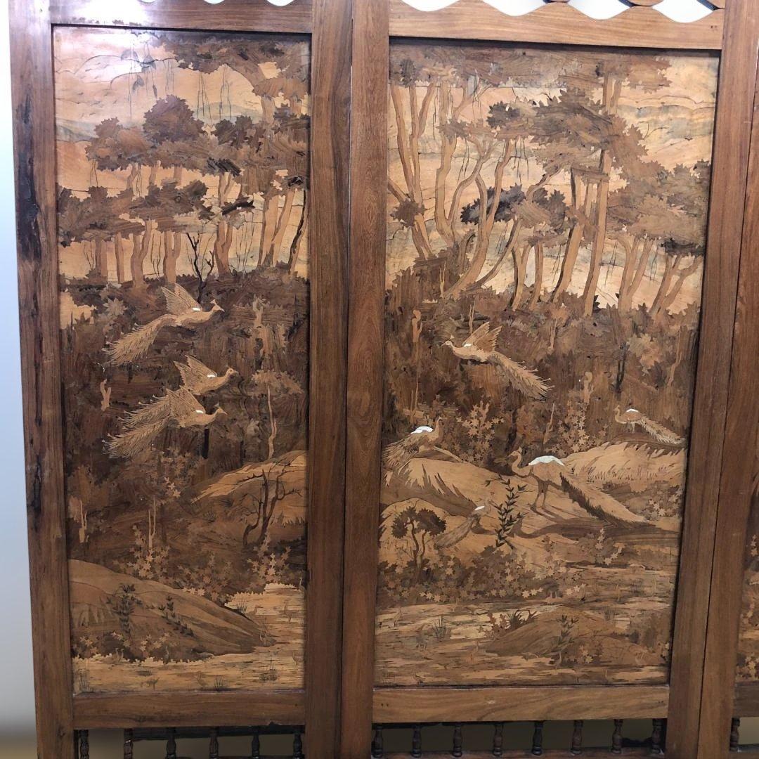 昭和52年製 木象嵌 三連衝立 松に孔雀 瑞鳥 神戸税関検査印 260117-1