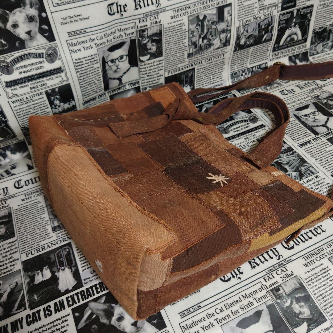 ☬酒袋リメイク☬BIGトートバッグ/カットオフパッチワーク/柿渋染め/古布/襤褸