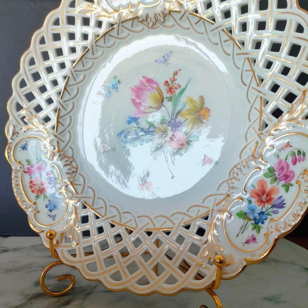 マイセン フワラーブーケ 昆虫 金彩 透かしプレート １級品 美品 ローズ 小花