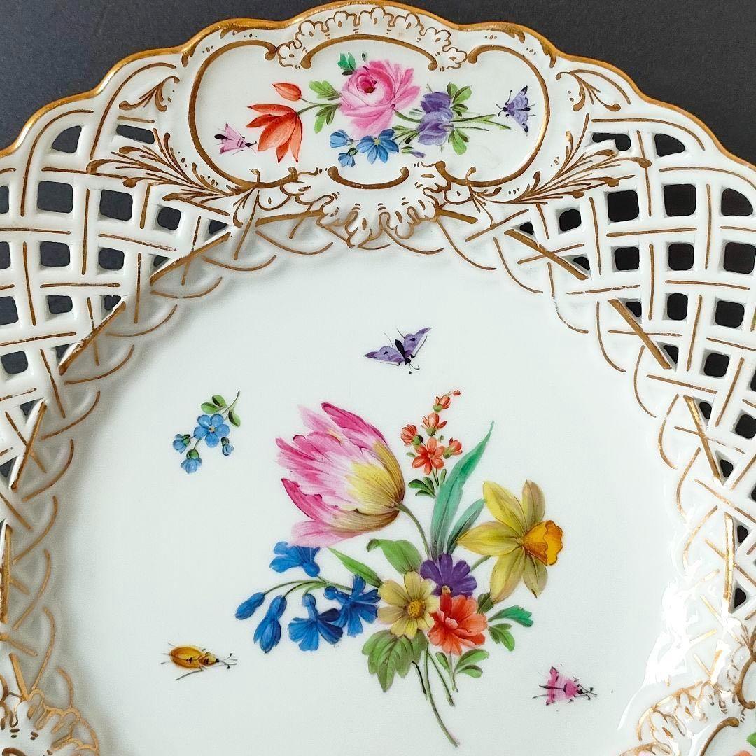 マイセン フワラーブーケ 昆虫 金彩 透かしプレート １級品 美品 ローズ 小花