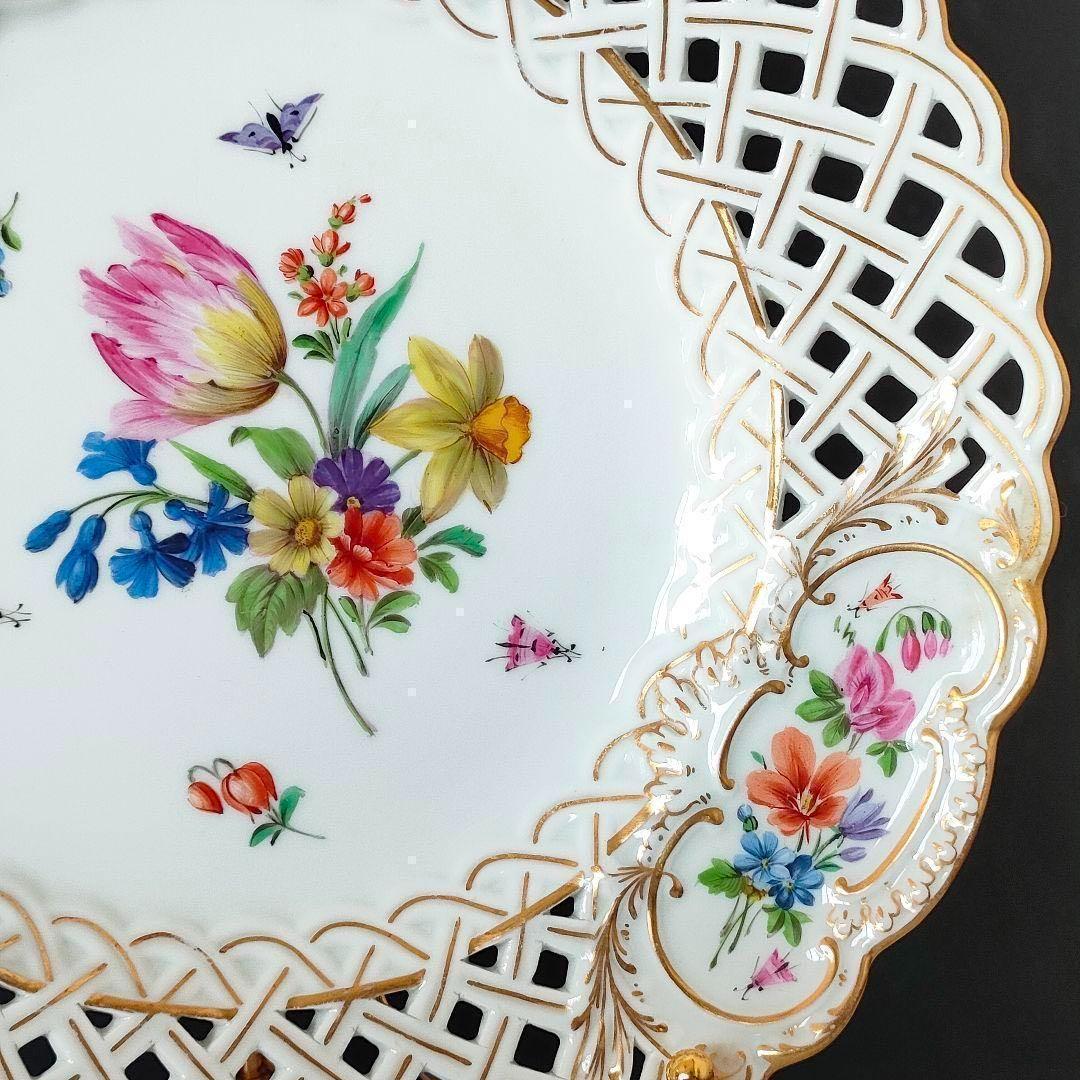 マイセン フワラーブーケ 昆虫 金彩 透かしプレート １級品 美品 ローズ 小花