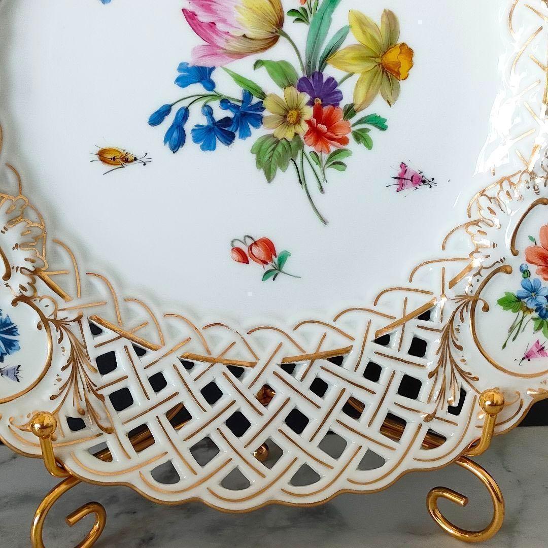 マイセン フワラーブーケ 昆虫 金彩 透かしプレート １級品 美品 ローズ 小花