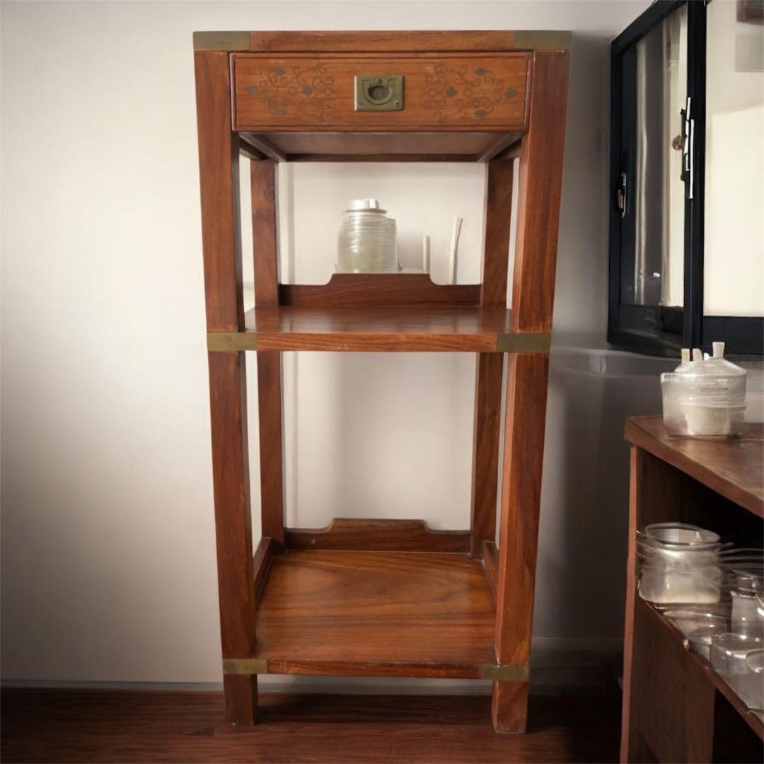 ヴィンテージ　真鍮金具　装飾　木製ラック 3段 引き出し付き ブラウン