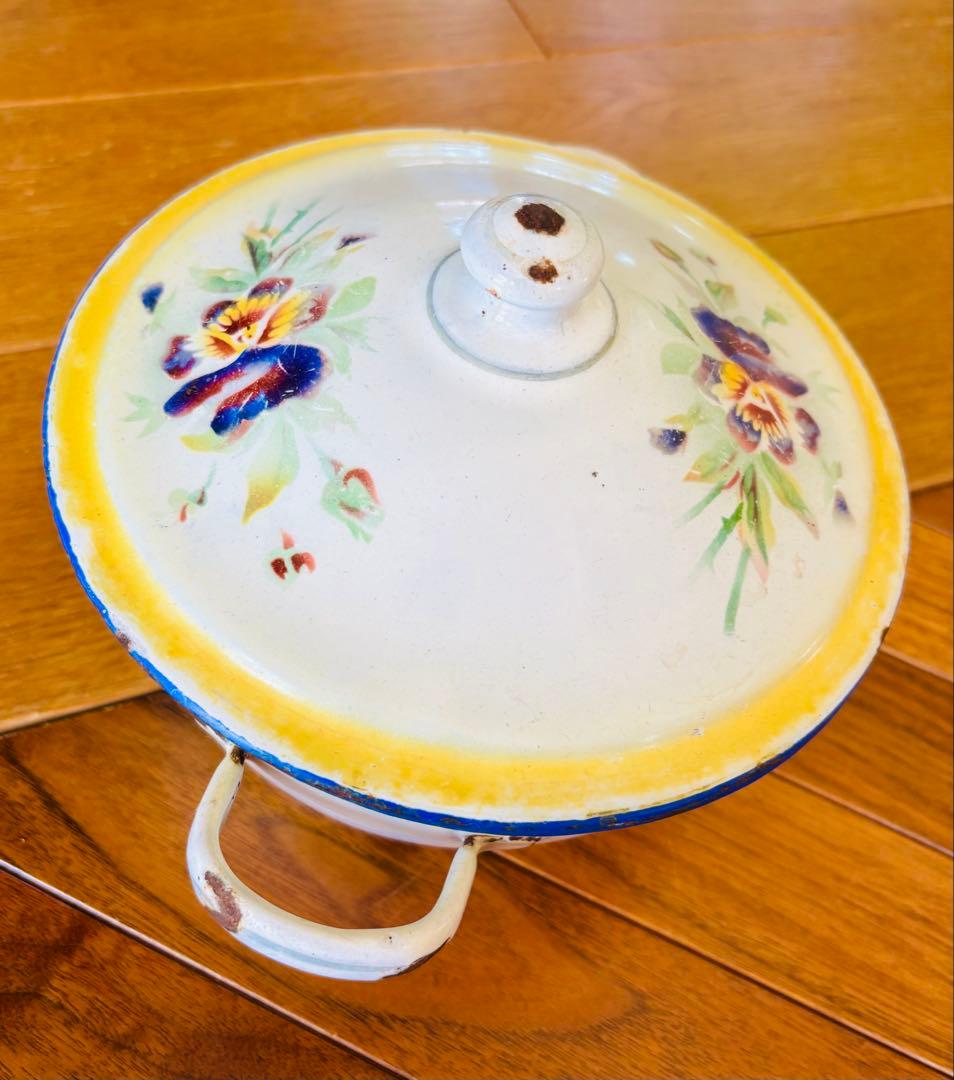 フランスアンティーク ホーロー パンジーの小さなお鍋 イエロー
