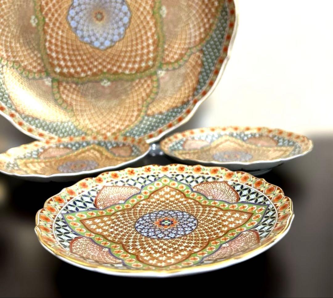 前畑陶器　庫山窯　金襴手　銘々皿揃　５枚セット　輪花皿　献上手　金彩　色絵　更紗