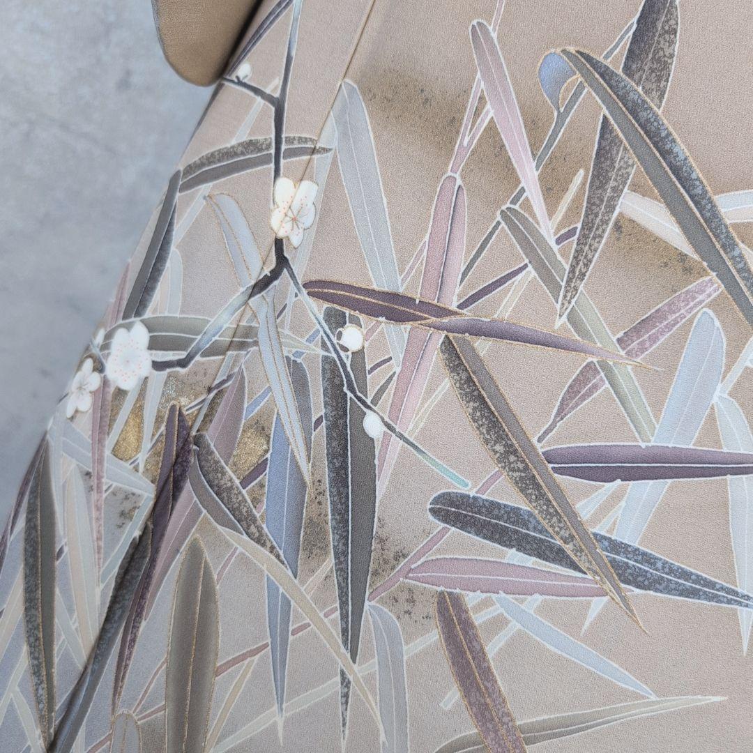 訪問着　フルセット　着物　正絹　笹　友禅　淡いベージュブラウン　金彩加工　O7