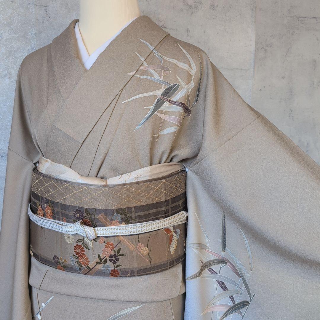 訪問着　フルセット　着物　正絹　笹　友禅　淡いベージュブラウン　金彩加工　O7
