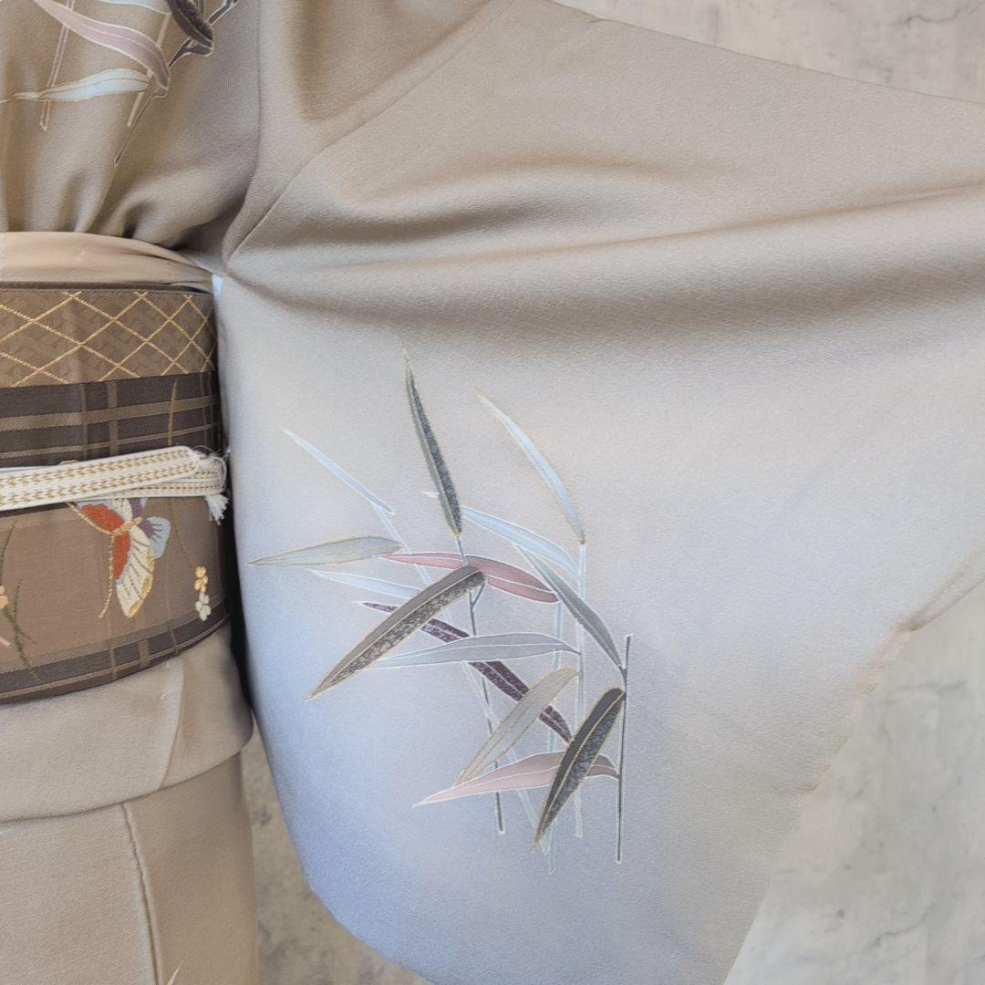 訪問着　フルセット　着物　正絹　笹　友禅　淡いベージュブラウン　金彩加工　O7