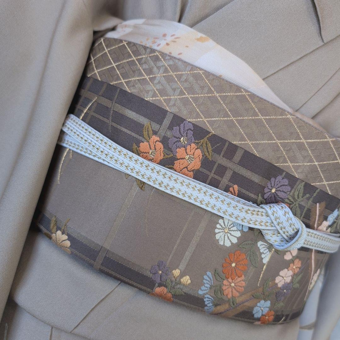 訪問着　フルセット　着物　正絹　笹　友禅　淡いベージュブラウン　金彩加工　O7