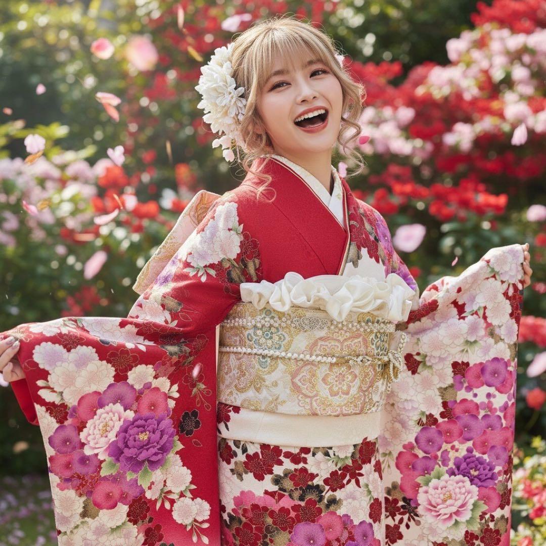 振袖8点フルセット　豪華絢爛 花丸文 桜 牡丹 刺繍 金彩　正絹　ショール付