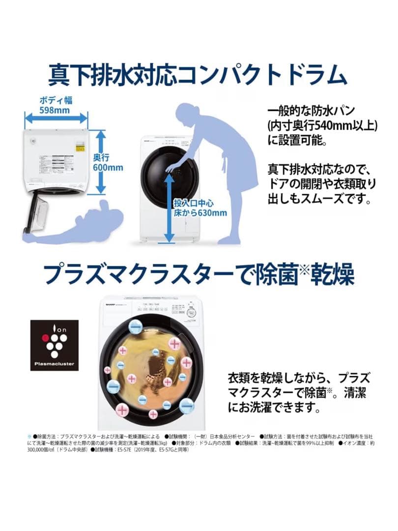 シャープ ドラム式洗濯乾燥機 ES-S7G-WR プラズマクラスター 保証付