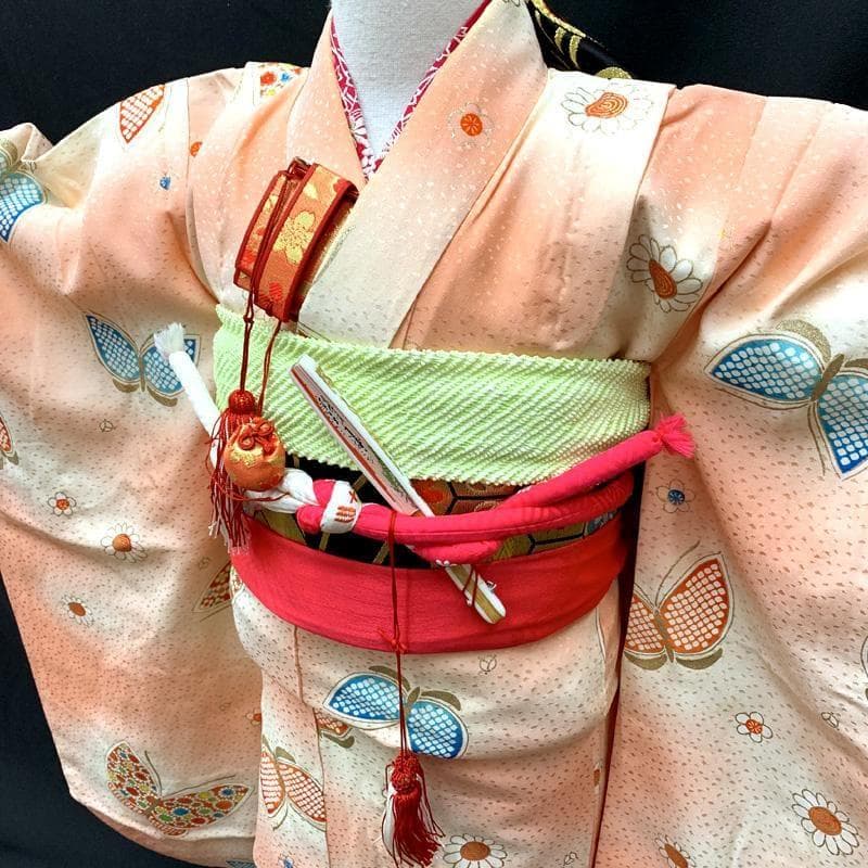 412ag64□七五三 七歳 女児 着物&袋帯&長襦袢 金彩 蝶 菊□状態良好u