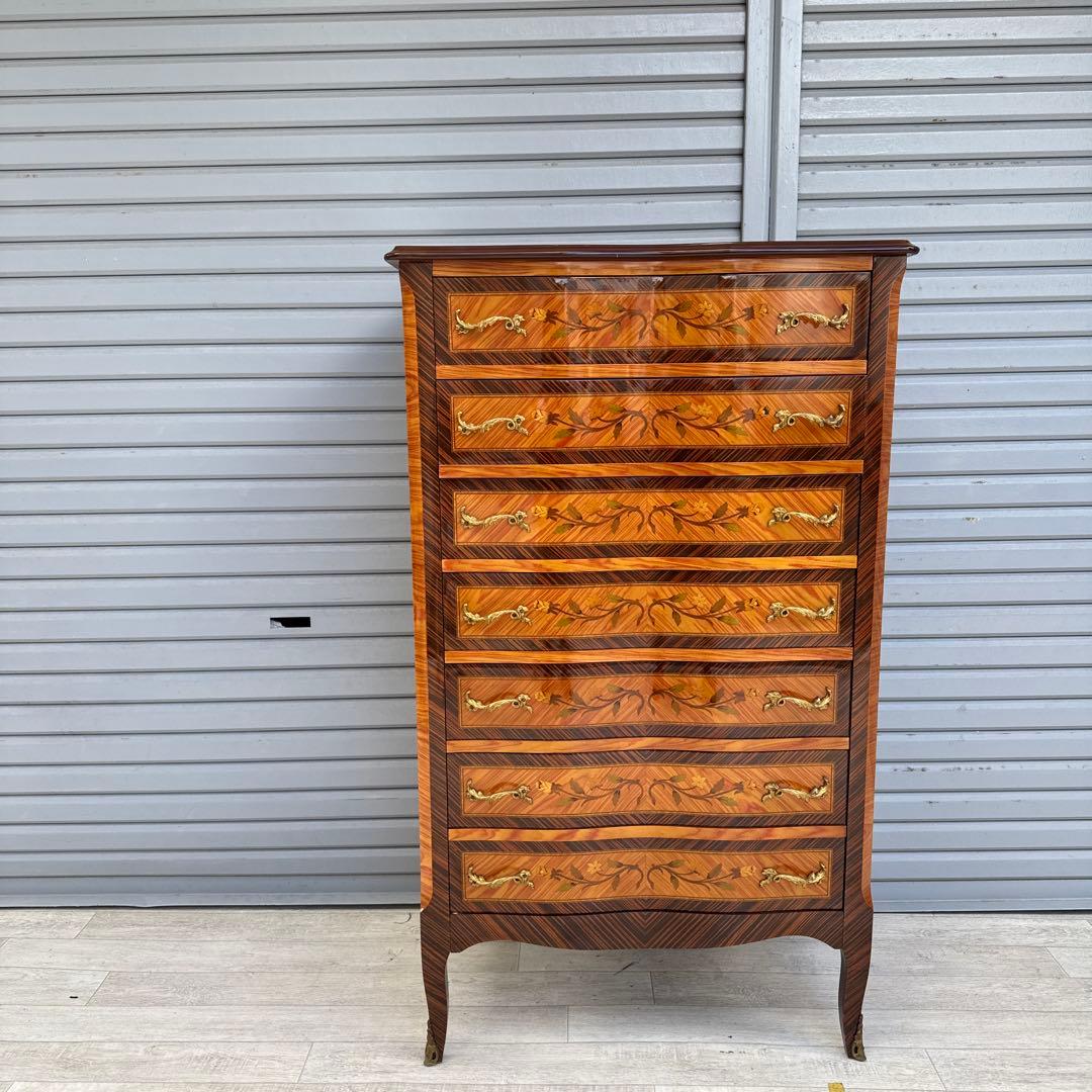 イタリア　7段　7杯　ハイチェスト　猫脚　象嵌細工