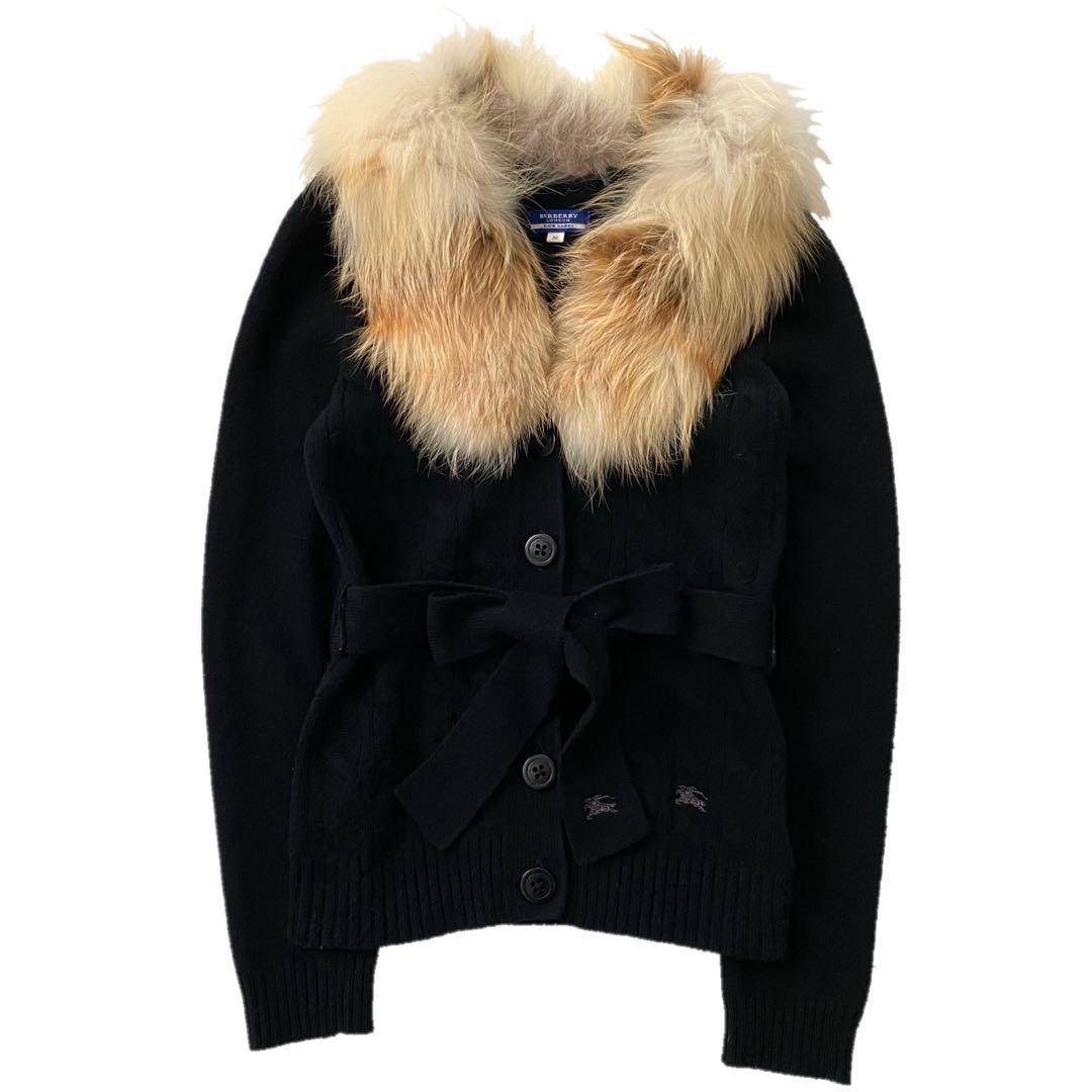 美品 バーバリーブルーレーベル フォックスファー ニット カーディガン 38 黒