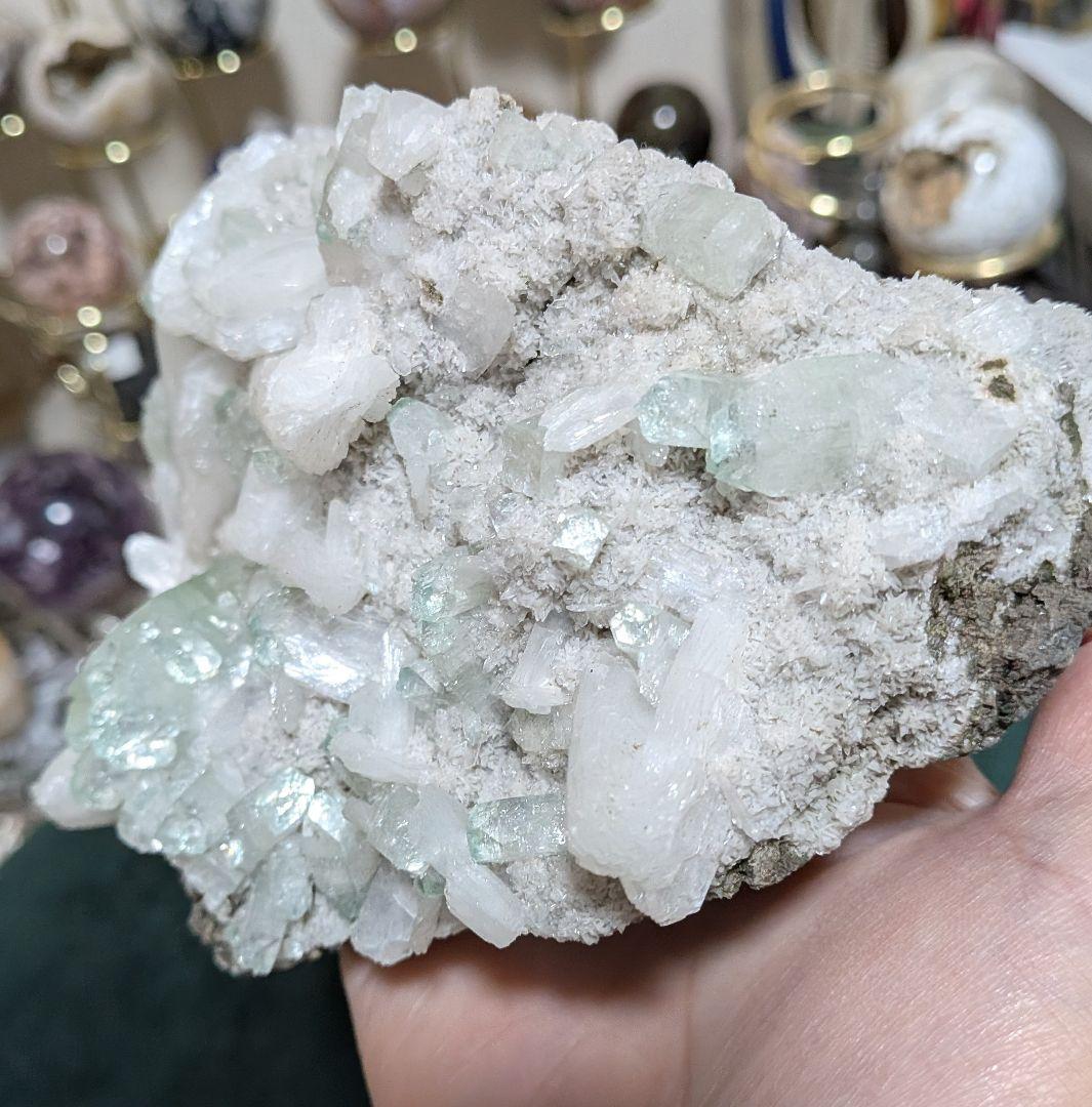 グリーンアポフィライト☆カルサイト共生☆クラスター☆台座付き☆