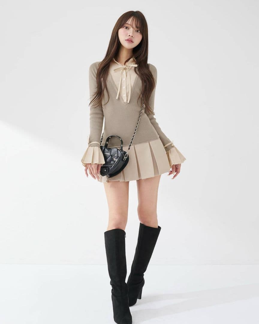 ダーリッチ シャツドッキングプリーツミニワンピース GRY フリー