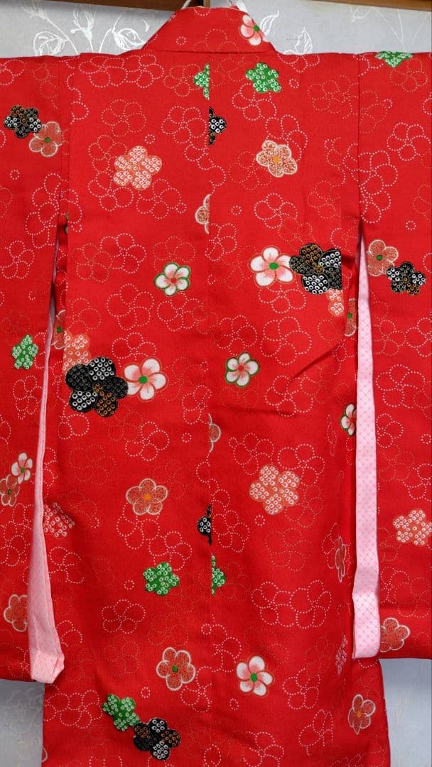 RK330アンティーク子供着物3点セット長襦袢巾着袋付き着丈90裄丈39　3歳用