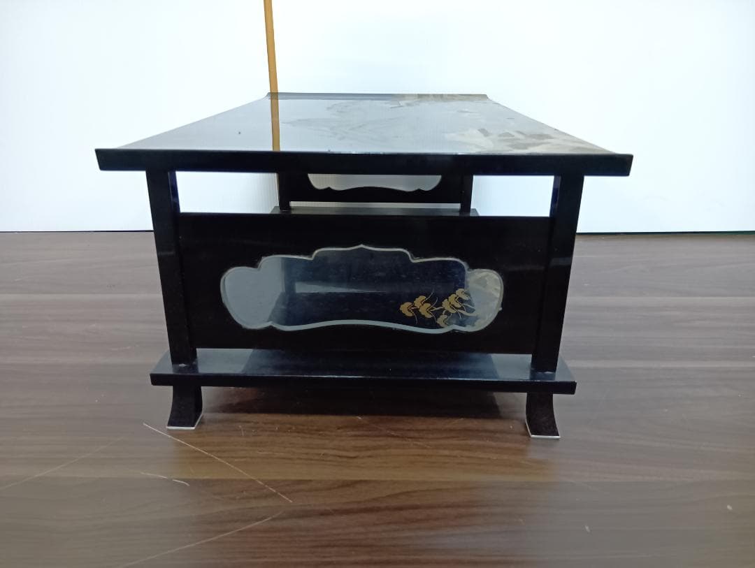 輪島塗 蒔絵師 久世宗春 山水金蒔絵 冠卓 二段卓 花台 黒塗 共箱