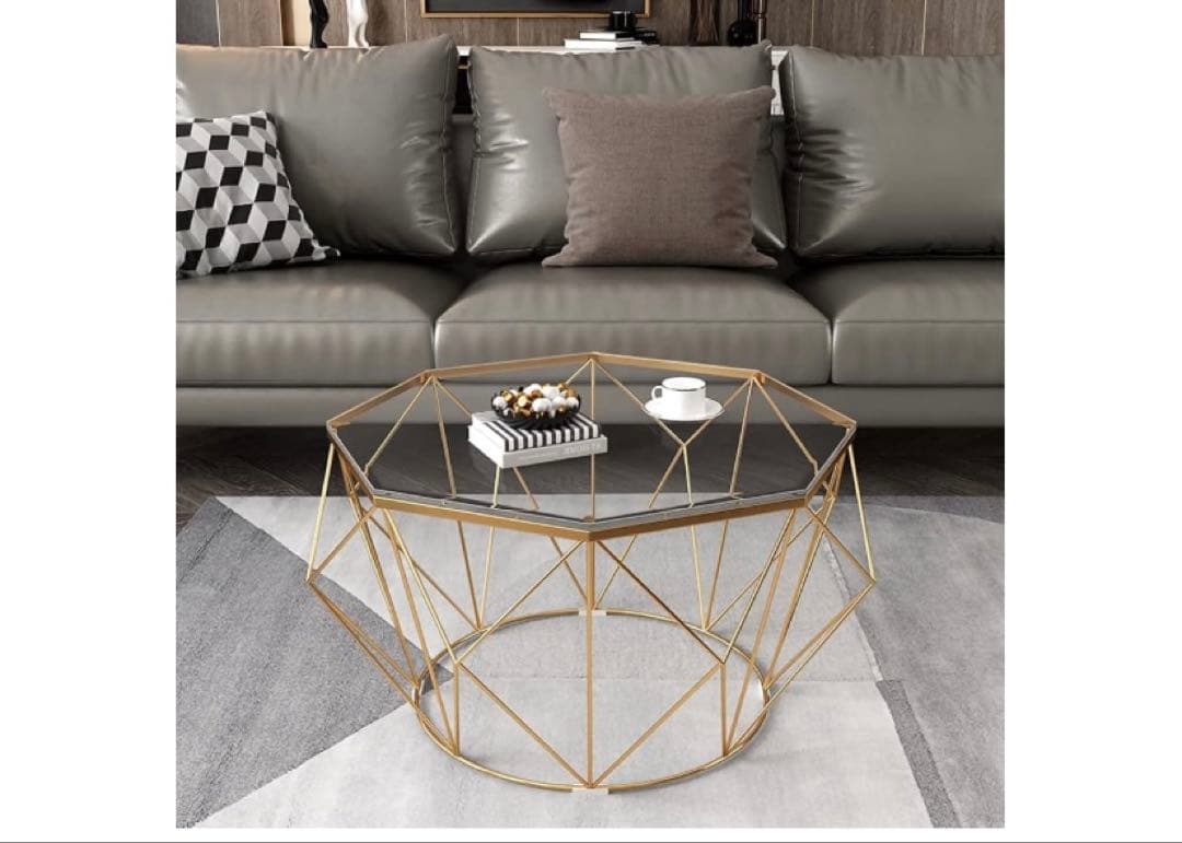 八角形の錬鉄製のコーヒーテーブル、透明な強化ガラス、家庭用リビングルーム