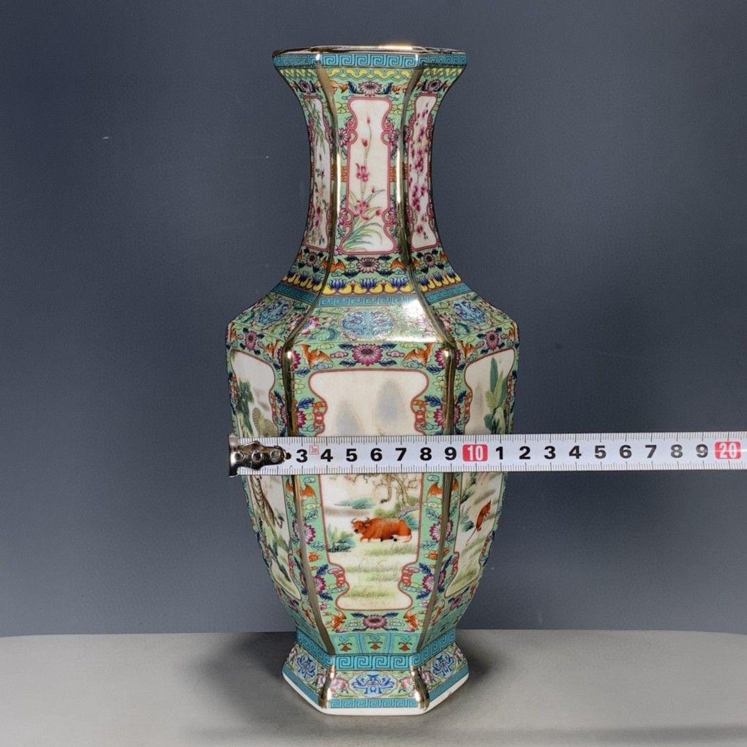 パステルとエナメル花動物六角花瓶 景徳鎮 陶磁器 装飾品 工芸品 美術品 置物