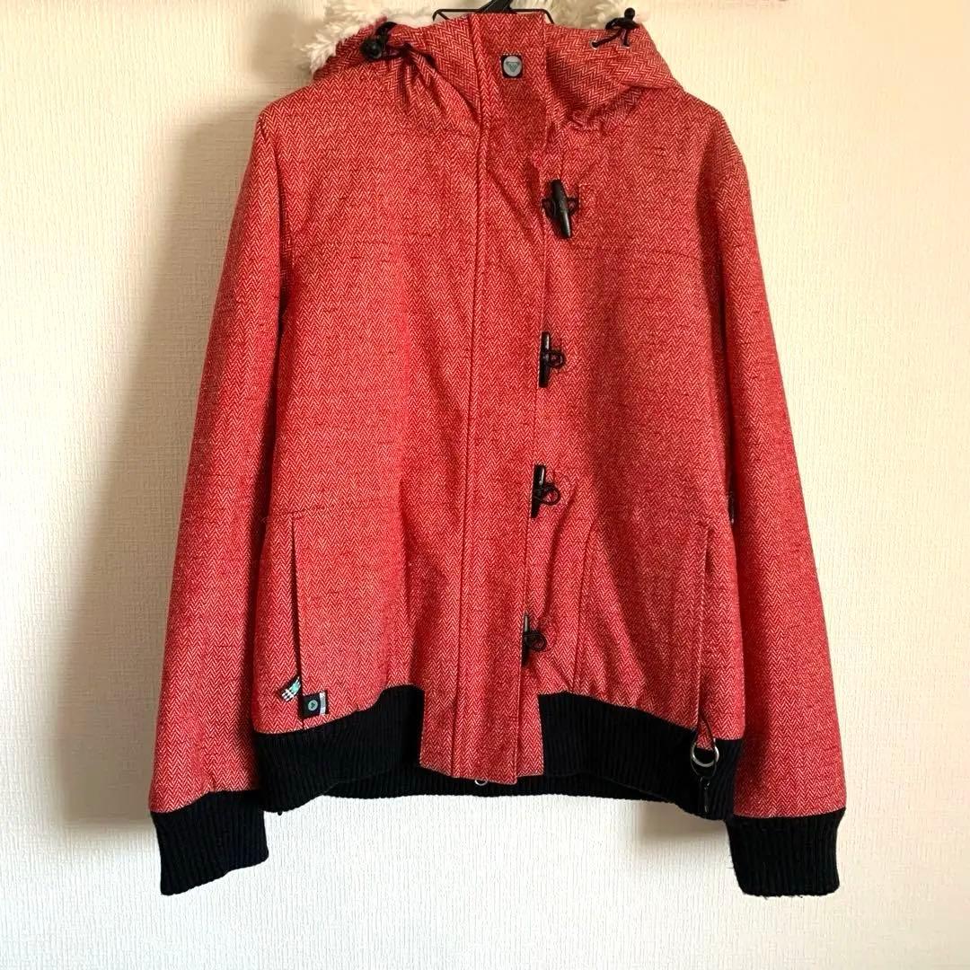 ロキシー　美品スノーウェアMサイズ　赤ツイード風　白ボアフード