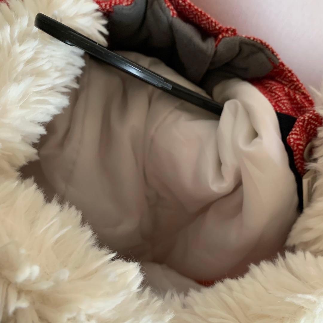 ロキシー　美品スノーウェアMサイズ　赤ツイード風　白ボアフード