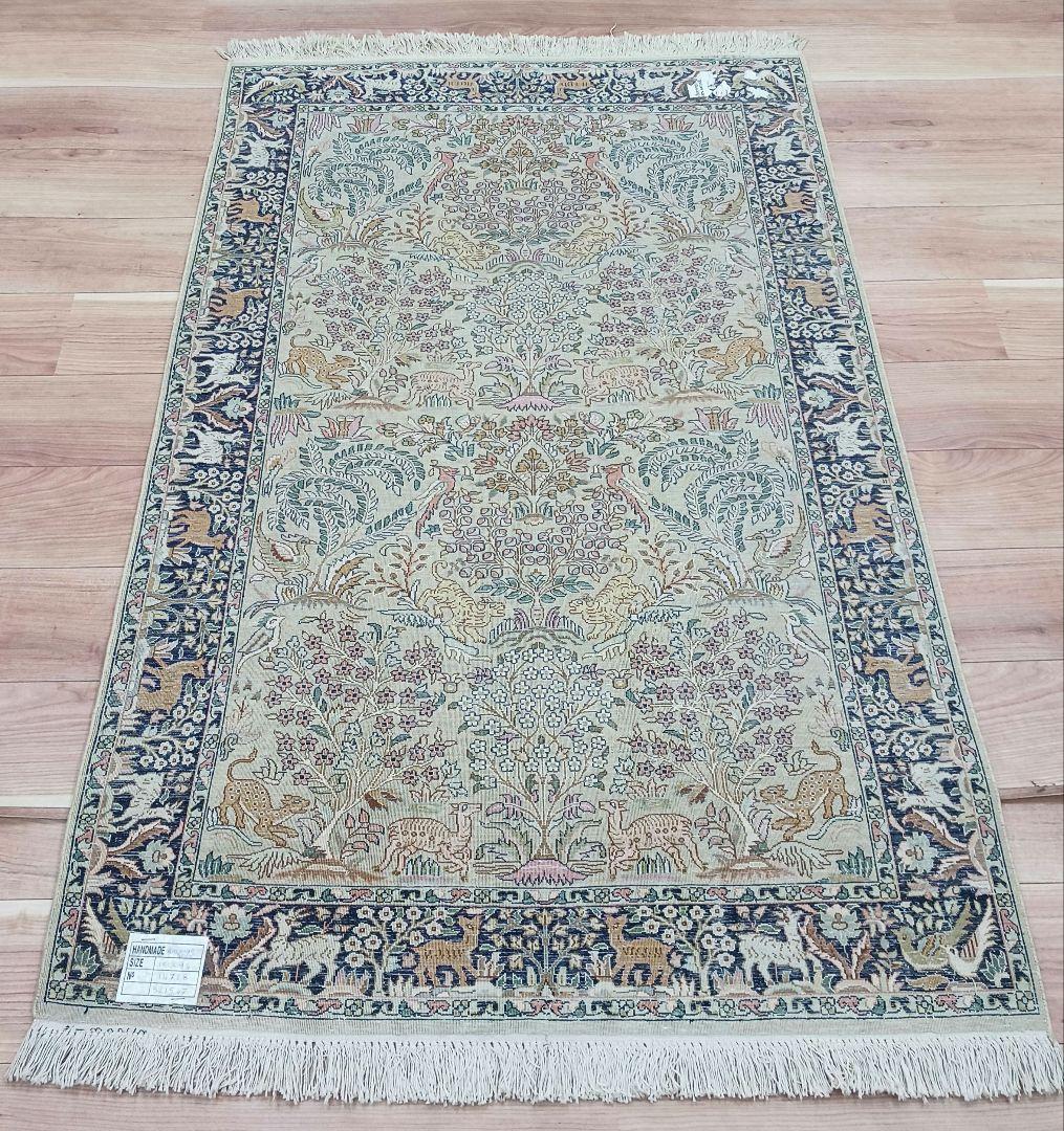 専用Y3137 インド カシミールシルク絨毯 手織り 151×94㎝